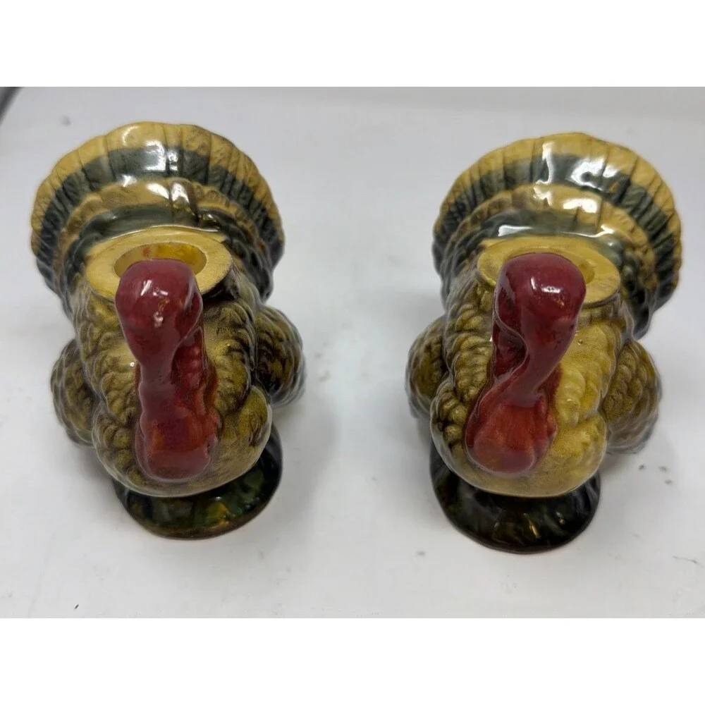 Vintage Japan Napcoware Hand-Painted Ceramic Turkey Candlesticks - Set of Two